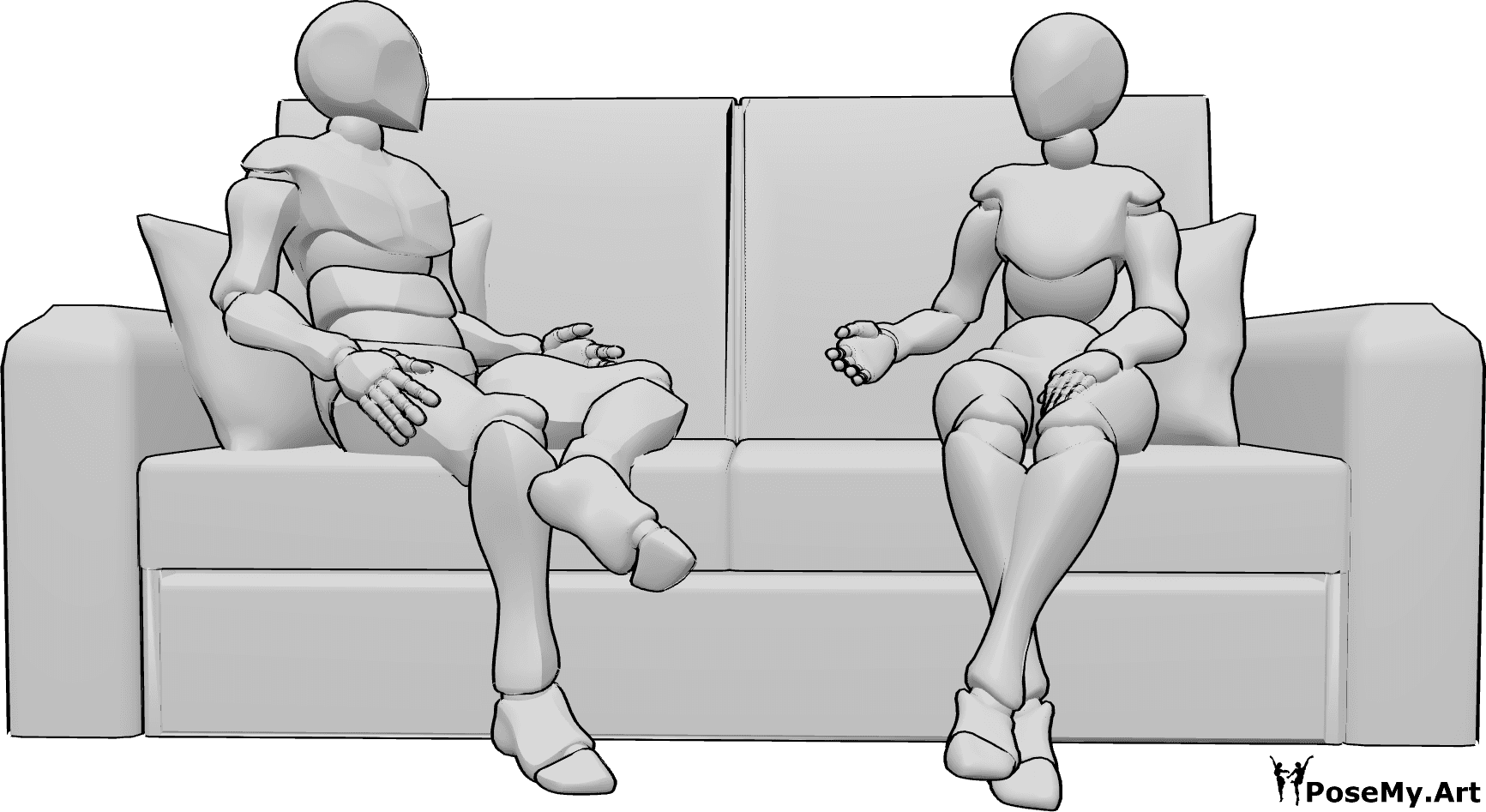 Référence des poses- Femme homme en train de parler - Une femme et un homme sont assis sur le canapé, se regardent et parlent.