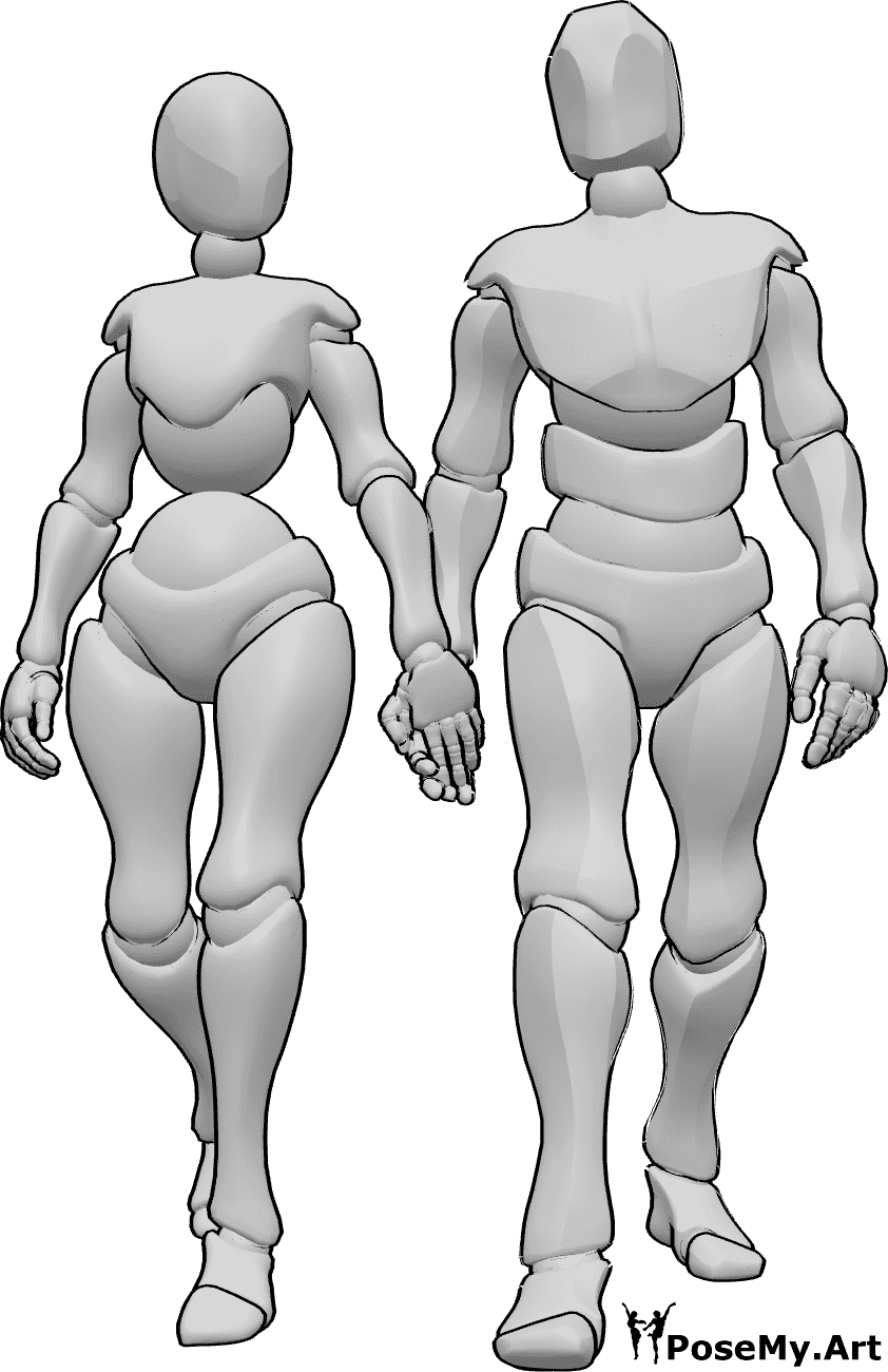 Référence des poses- Femme homme pose de marche - Une femme et un homme marchent en se tenant par la main.
