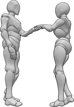Referencia de poses- Postura de besamanos - Mujer y hombre están de pie uno frente al otro, cogidos de la mano, el hombre está a punto de besar la mano de la mujer.
