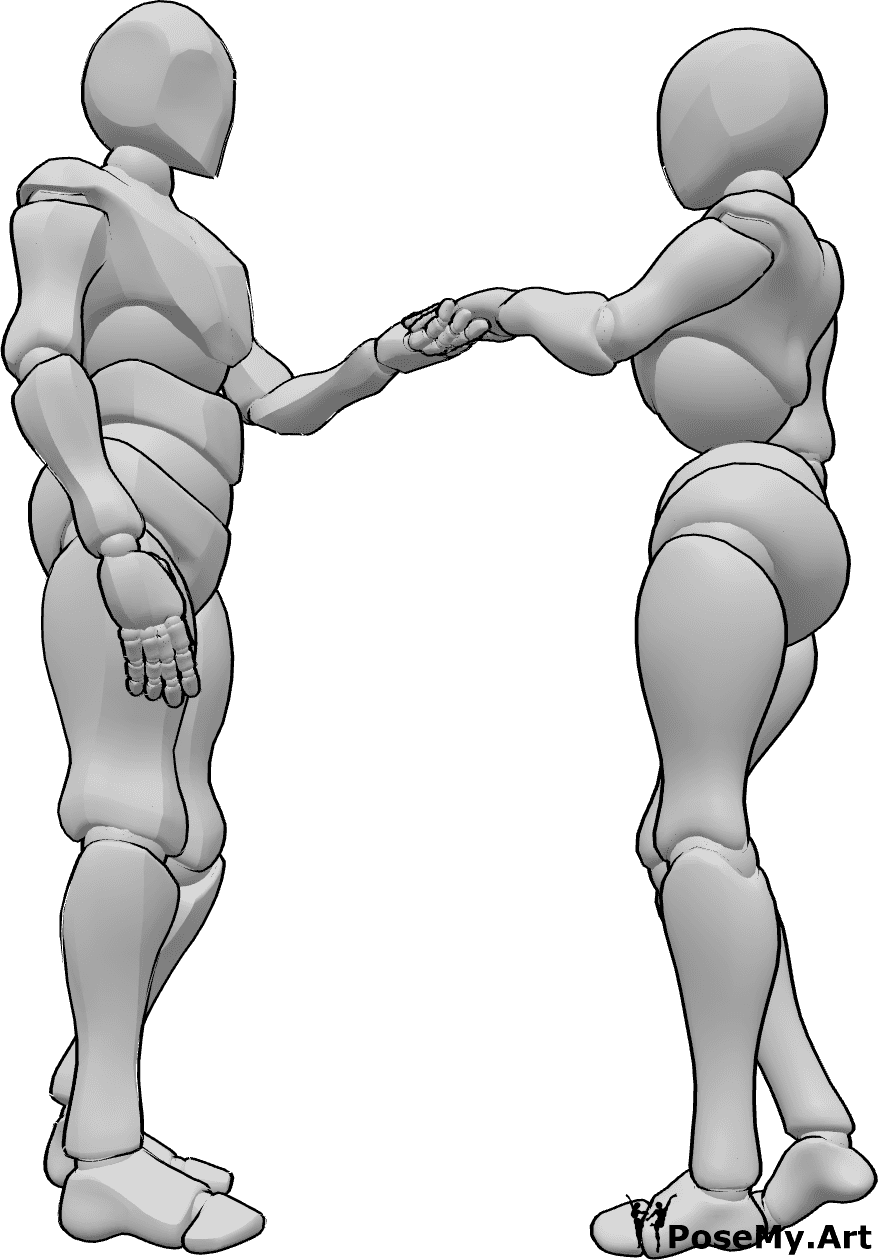 Riferimento alle pose- Posa del baciamano - Una donna e un uomo sono in piedi l'uno di fronte all'altra, si tengono per mano e l'uomo sta per baciare la mano della donna.