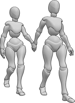 Referencia de poses- Dos mujeres caminando posan - Dos mujeres caminan de la mano, una cogida de la mano de la otra y guiando el camino.