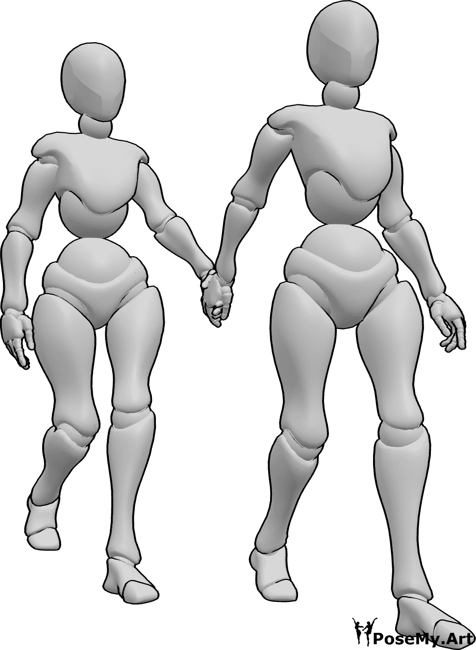 Référence des poses- Pose de deux femmes marchant - Deux femmes marchent main dans la main, l'une tenant la main de l'autre et ouvrant la voie.