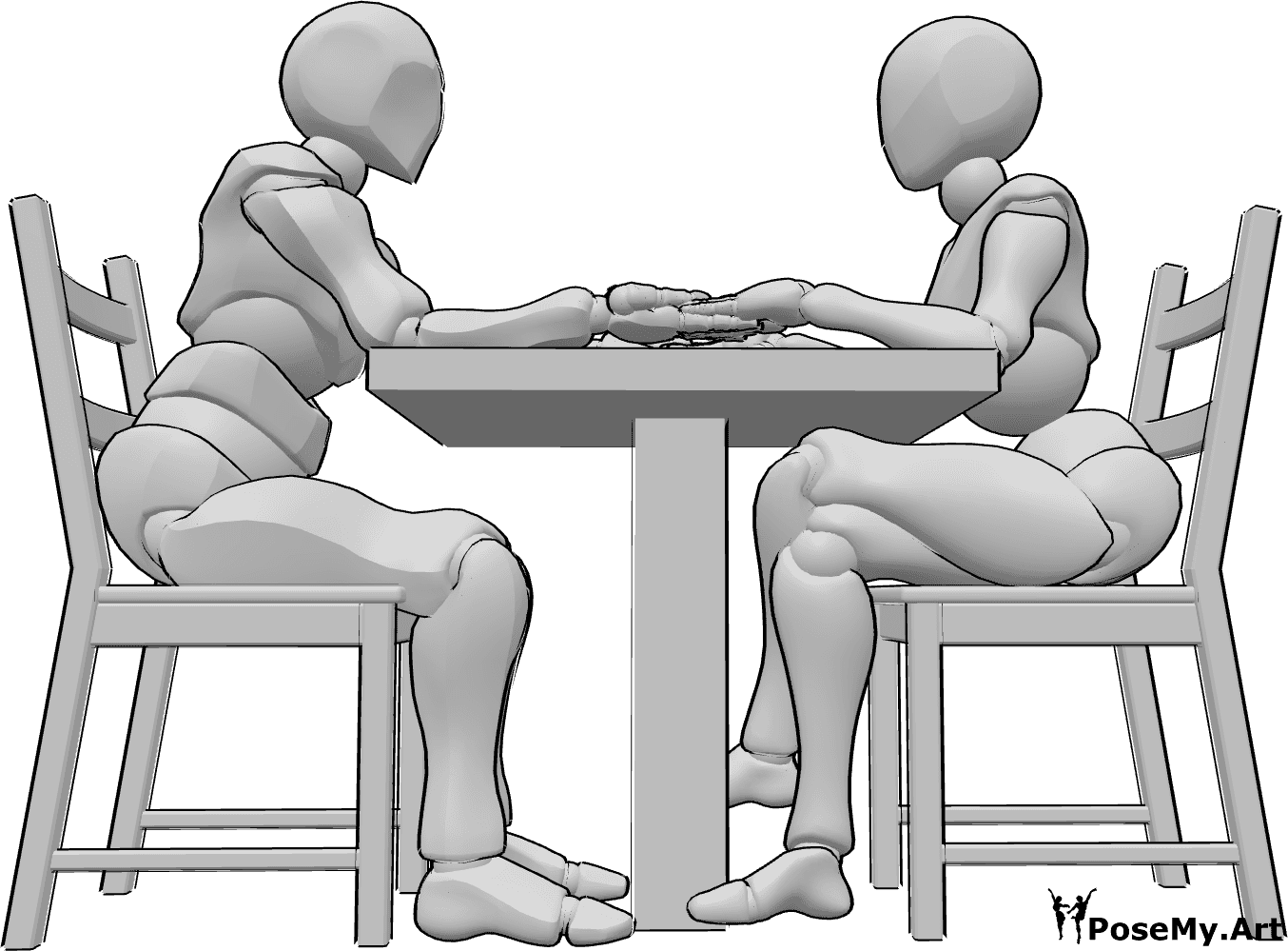 Riferimento alle pose- Posa romantica da seduti - Una donna e un uomo sono seduti a un tavolo di fronte all'altro e si tengono per mano.