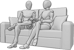 Referência de poses- Pose de mãos dadas sentada - Mulher e homem estão sentados no sofá e de mãos dadas