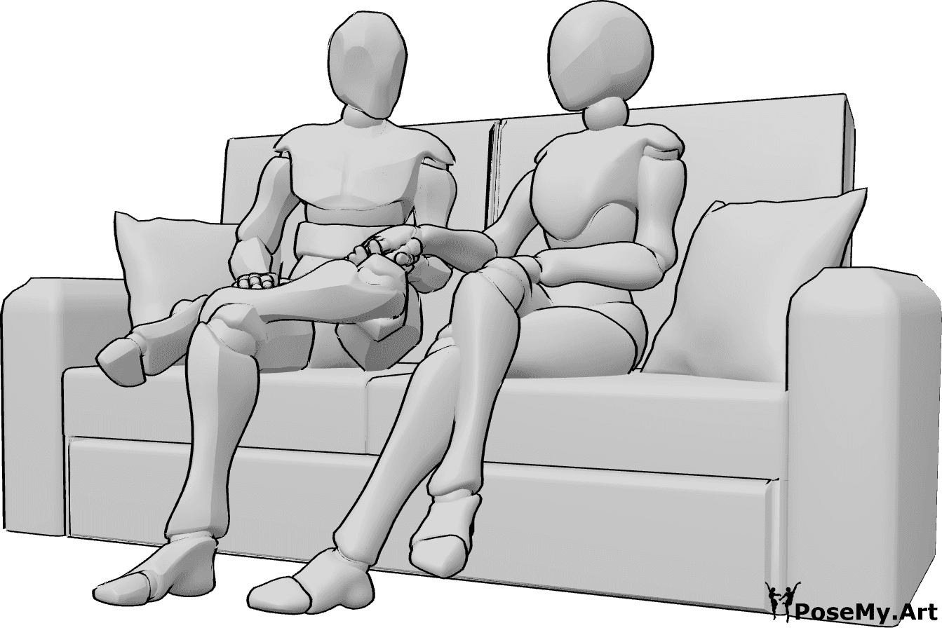 Référence des poses- Pose assis se tenant la main - Une femme et un homme sont assis sur le canapé et se tiennent la main.
