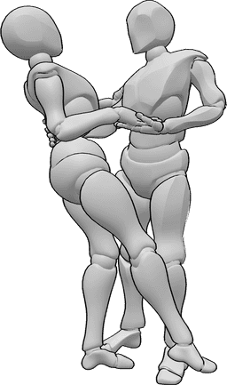 Posen-Referenz- Tänzerische Haltehand-Pose - Frau und Mann tanzen, halten sich an den Händen, schauen sich in die Augen
