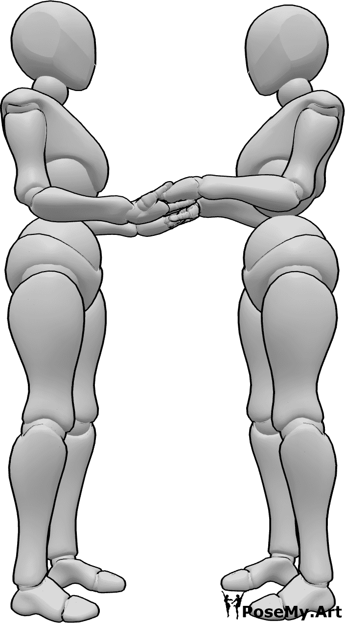 Posen-Referenz- Frauen halten Hände Pose - Zwei Frauen stehen voreinander und halten sich an den Händen