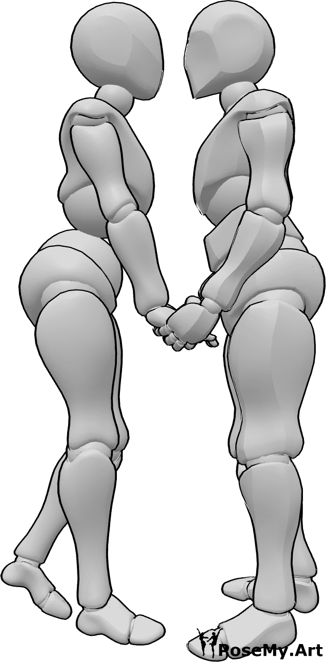 Referencia de poses- Postura romántica cogidos de la mano - Mujer y hombre están de pie uno frente al otro, cogidos de la mano y están a punto de besarse