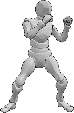 Posen-Referenz- Männliche Boxhaltung Pose - Männlicher Rechtshänder, Grundstellung beim Boxen, linke Hand und linker Fuß nach vorne, Fäuste nahe am Gesicht