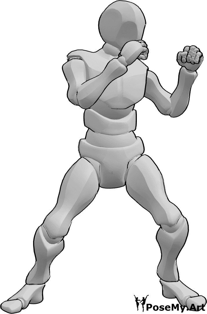 Référence des poses- Posture de boxe masculine - Position de base de l'homme droitier, main gauche et pied gauche en avant, poings près du visage.