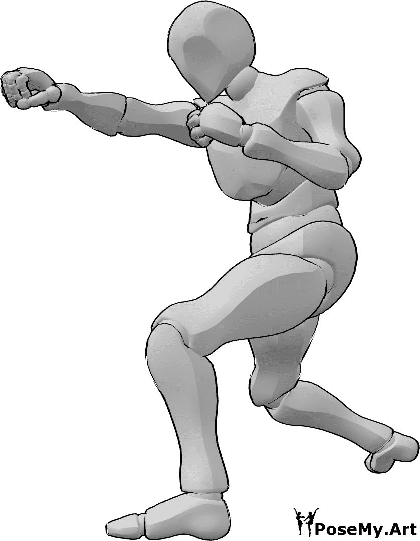 Referencia de poses- Postura de puñetazo cruzado - Puñetazo poderoso cruzado masculino con mano derecha, pose de boxeador diestro