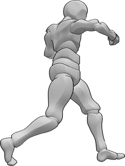 Referência de poses- Pose de gancho direito - Pose masculina de boxe com gancho de direita, cotovelo direito e mão esquerda para cima, virando o calcanhar direito