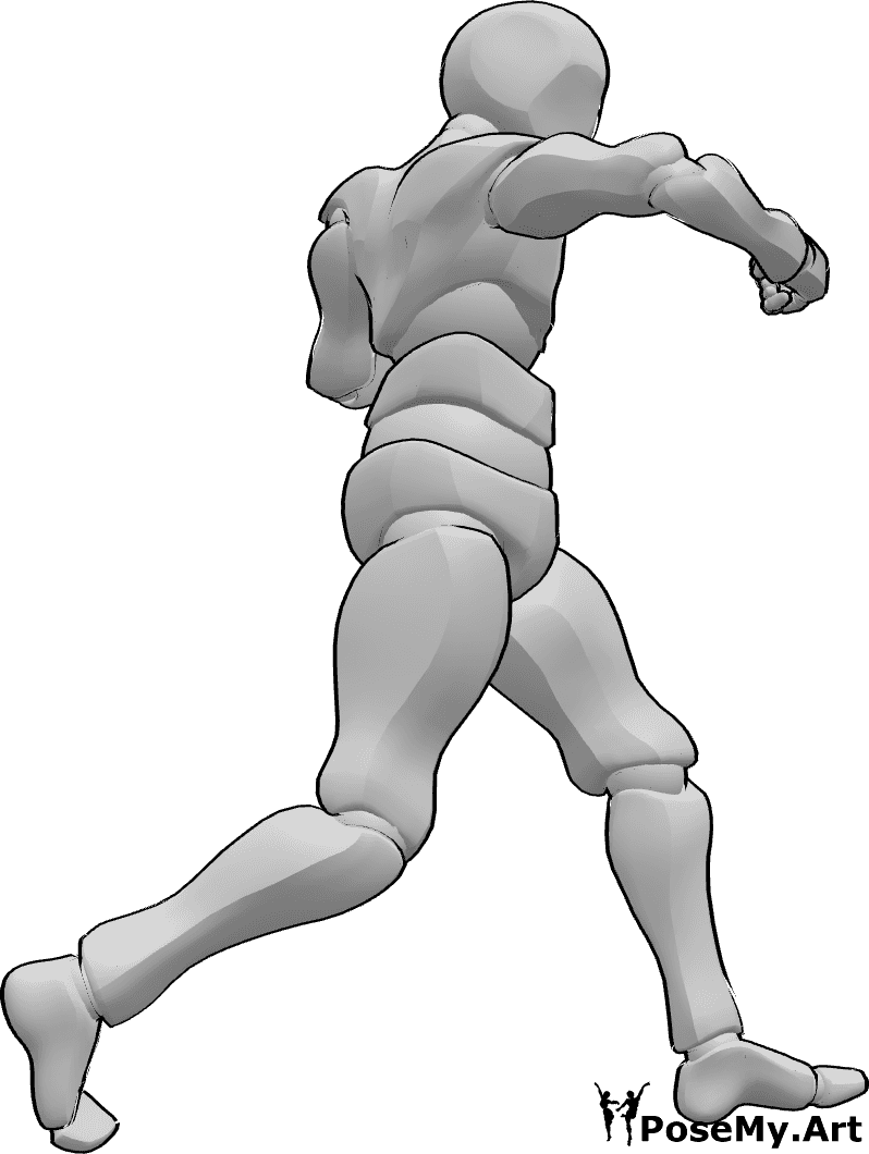 Referência de poses- Pose de gancho direito - Pose masculina de boxe com gancho de direita, cotovelo direito e mão esquerda para cima, virando o calcanhar direito