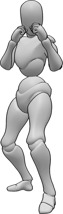 Riferimento alle pose- Posa femminile di boxe - Posizione di base della donna destrorsa, mano sinistra e piede sinistro in avanti, pugni vicini al viso.