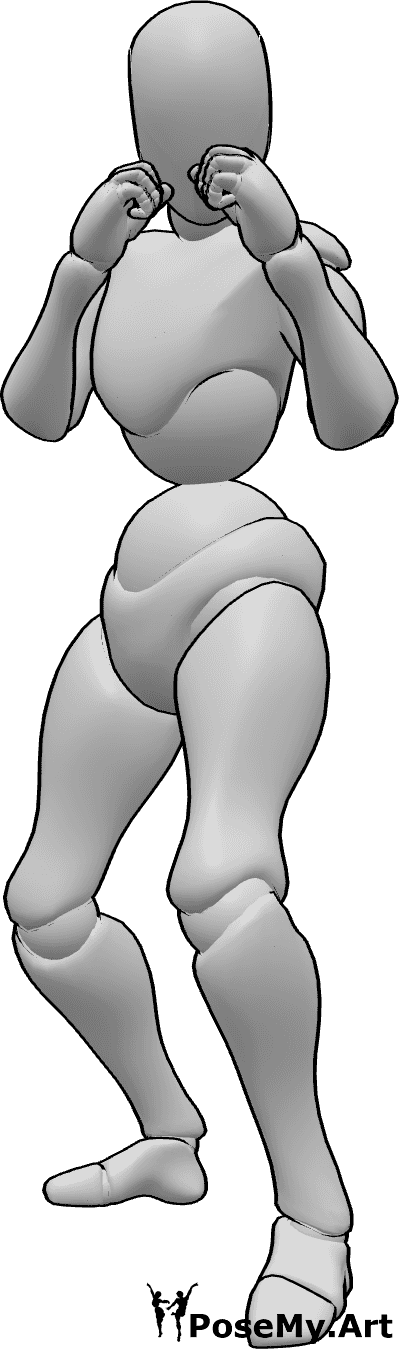 Référence des poses- Posture de boxe féminine - Position de base de la boxe pour les femmes droitières, main gauche et pied gauche en avant, les poings sont proches du visage.