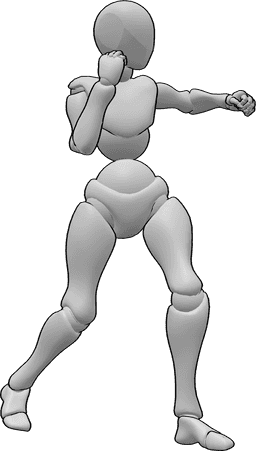 Referência de poses- Pose de gancho esquerdo feminino - Pose feminina de boxe com gancho de esquerda, cotovelo esquerdo e mão direita para cima, virando o calcanhar direito