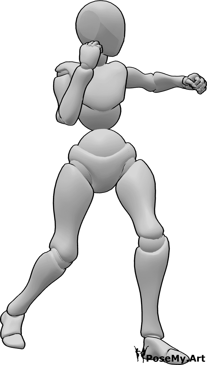 Riferimento alle pose- Posa del gancio sinistro femminile - Posizione di boxe con gancio sinistro, gomito sinistro e mano destra in alto, girando il tallone destro.