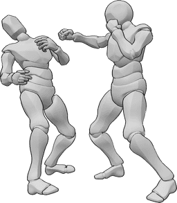 Referencia de poses- Postura de noqueo - Dos hombres boxean, uno de ellos noquea a su oponente con un gancho de derecha.