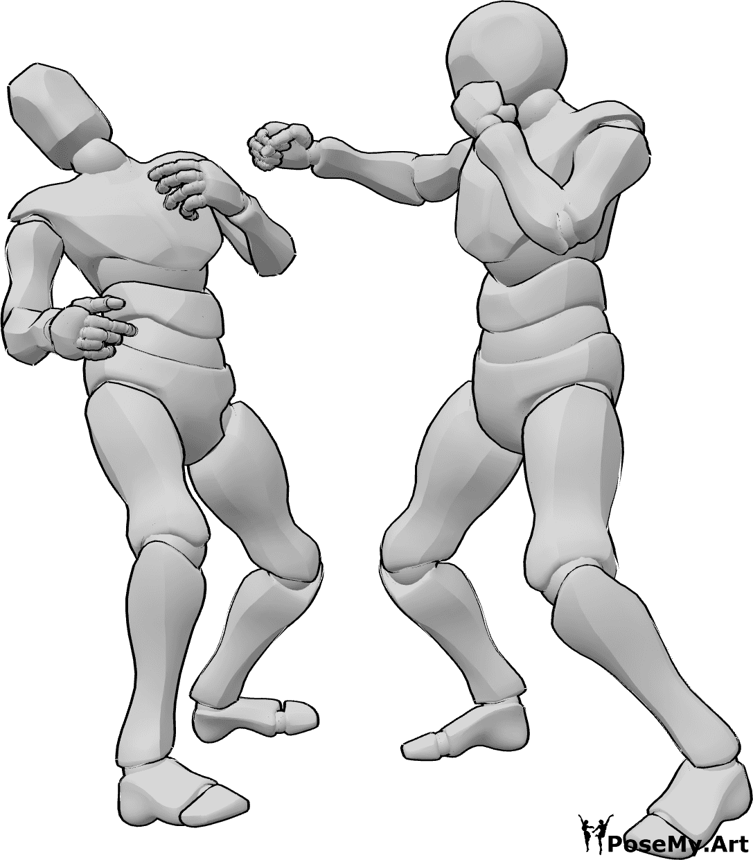 Referencia de poses- Postura de noqueo - Dos hombres boxean, uno de ellos noquea a su oponente con un gancho de derecha.