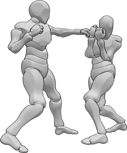 Riferimento alle pose- Posa del gancio sinistro da schivare - Due uomini stanno praticando la boxe, uno dei due lancia un gancio sinistro, l'altro schiva il colpo.