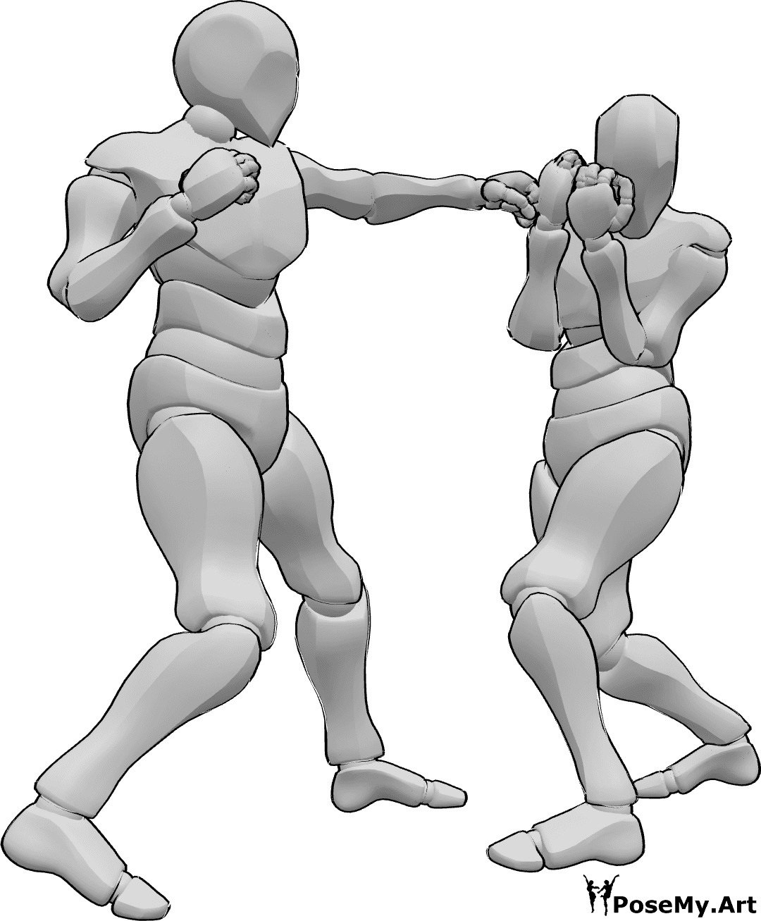 Riferimento alle pose- Posa del gancio sinistro da schivare - Due uomini stanno praticando la boxe, uno dei due lancia un gancio sinistro, l'altro schiva il colpo.