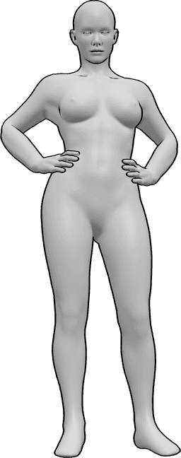 Référence des poses- Pose debout avec les mains et les hanches - La femme est debout, les mains sur les hanches et regarde vers l'avant.