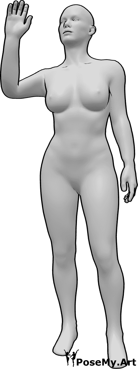 Riferimento alle pose- Posa femminile di saluto - Donna in piedi con disinvoltura che saluta e dice 