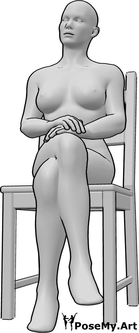 Posen-Referenz- Weiblich lässig sitzende Pose - Frau sitzt auf einem Stuhl, hat die Beine gekreuzt und schaut nach rechts
