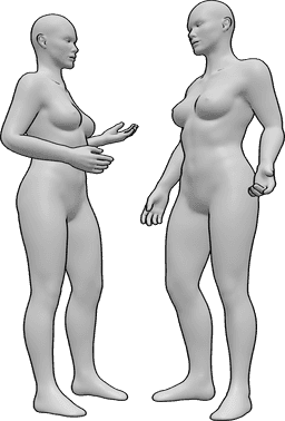 Referencia de poses- Dos mujeres conversando posan - Dos mujeres están de pie y hablando, manteniendo una conversación informal, explicando con sus manos