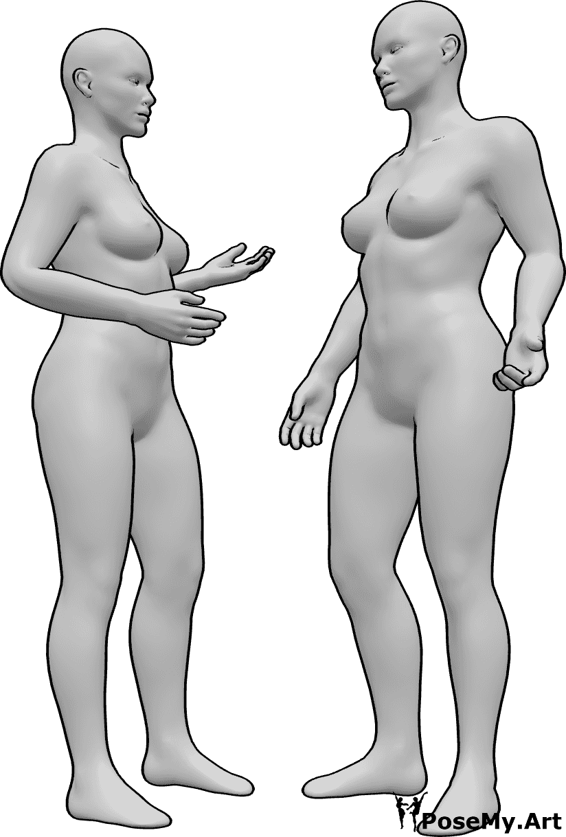 Referência de poses- Duas mulheres em pose de conversa - Duas mulheres estão de pé e a conversar, numa conversa informal, explicando com as mãos