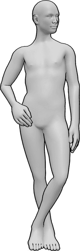 Posen-Referenz- Männliche Pose im Stehen - Männlich, lässig stehend, die rechte Hand in der Hosentasche, die Beine gekreuzt, Blick nach links