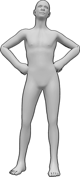 Referencia de poses- Masculino manos caderas pose - El hombre está de pie, con las manos en las caderas y mirando al frente.