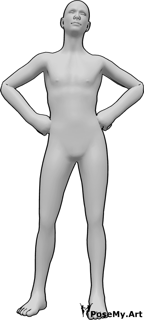 Referência de poses- Homem mãos ancas pose - O homem está de pé, com as mãos nas ancas e a olhar para a frente