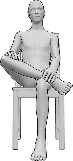 Referência de poses- Pose casual de homem sentado - Homem sentado casualmente numa cadeira, com as pernas cruzadas e as mãos apoiadas na perna direita