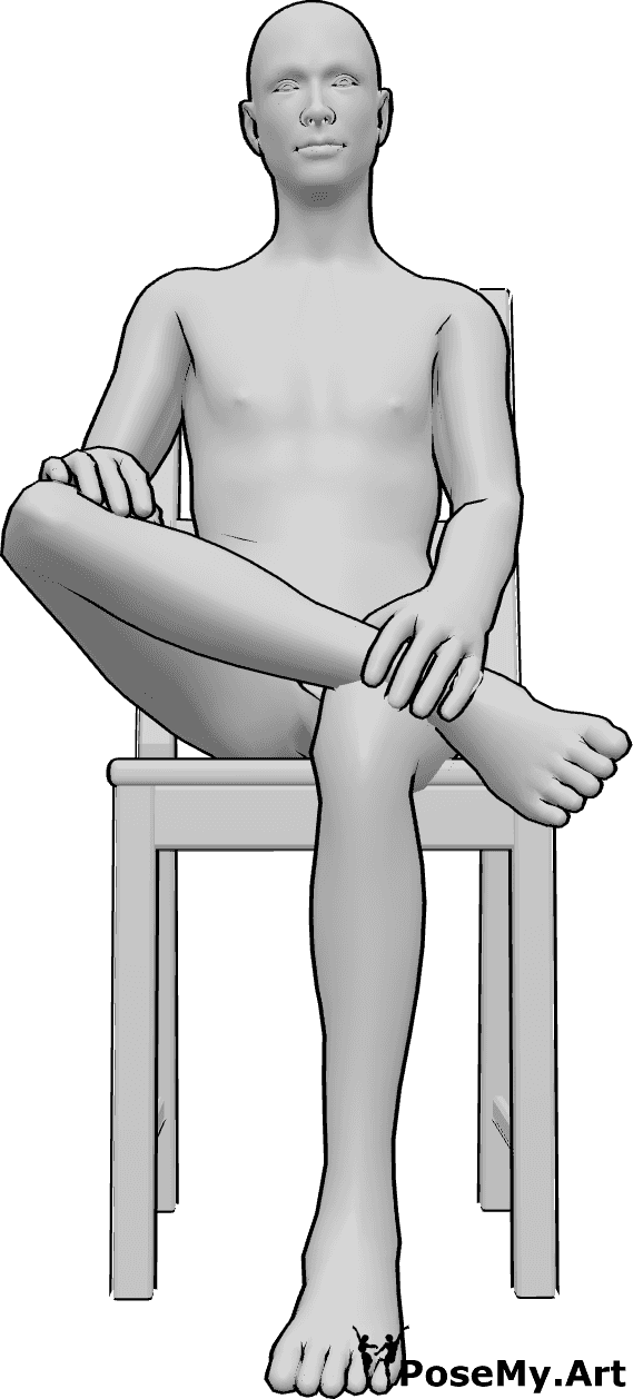 Referência de poses- Pose casual de homem sentado - Homem sentado casualmente numa cadeira, com as pernas cruzadas e as mãos apoiadas na perna direita