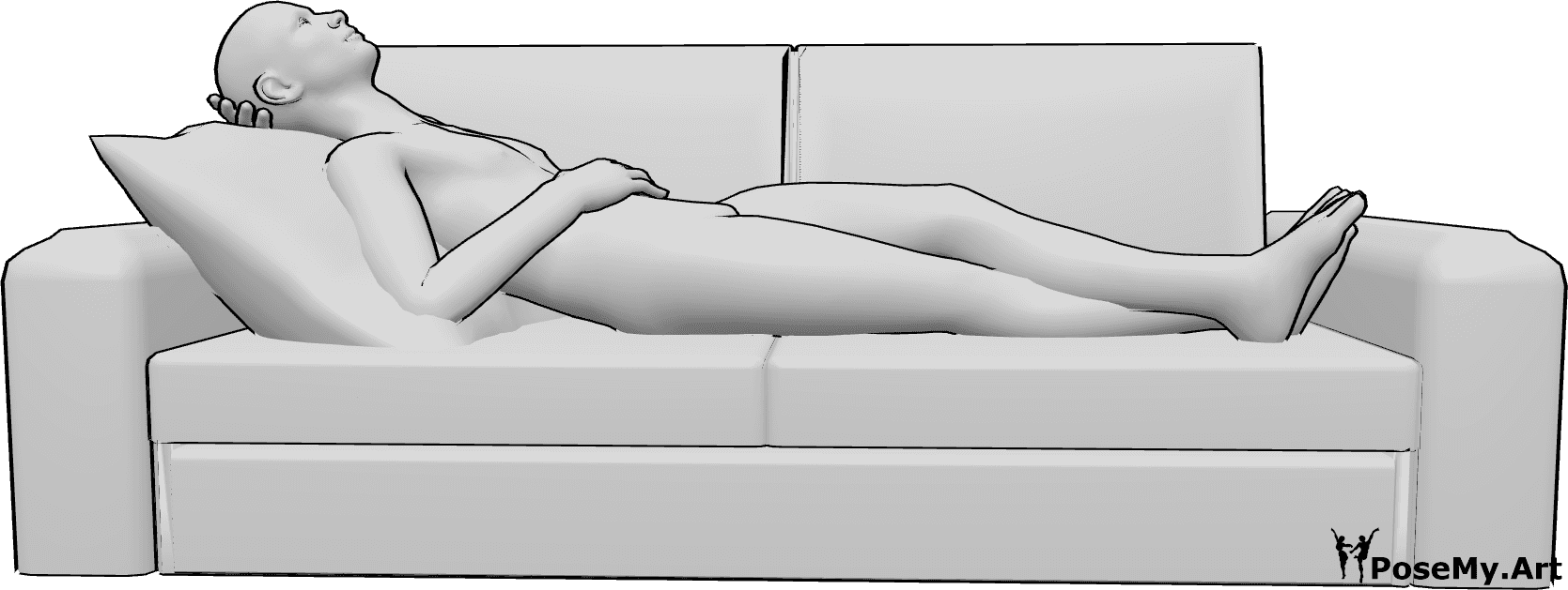 Referencia de poses- Hombre tumbado en posición de reposo - Varón tumbado en el sofá y descansando, con las piernas cruzadas y mirando hacia arriba.