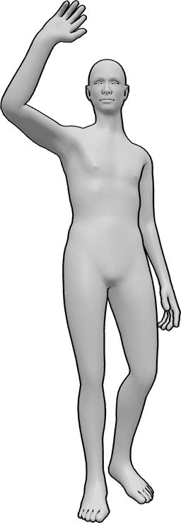 Pose Reference- Male waving pose - Male is standing, looking to the right and waving with his right hand, saying 