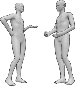 Referencia de poses- Varones de pie conversando - Dos hombres están de pie y hablando, manteniendo una conversación informal