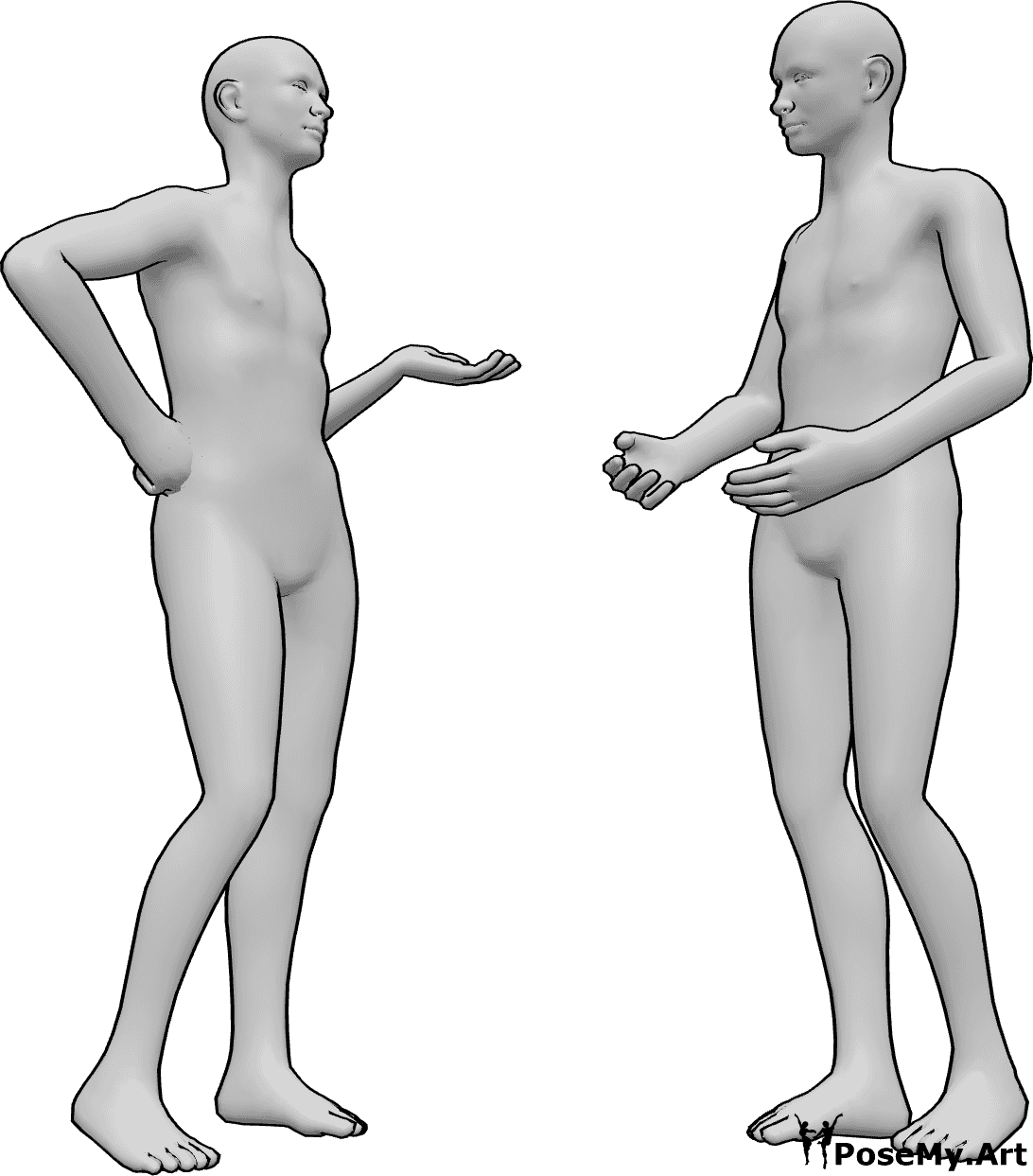 Referência de poses- Homens em pose de conversação - Dois homens estão de pé e a conversar, numa conversa informal