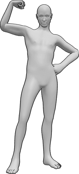 Référence des poses- Pose masculine confiante - L'homme se tient debout, confiant, et montre les muscles de son bras droit.