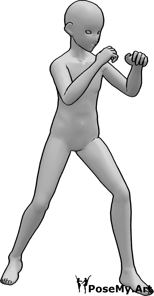 Referência de poses- MMA Pose de inatividade - Homem com base em anime em pose de artes marciais mistas