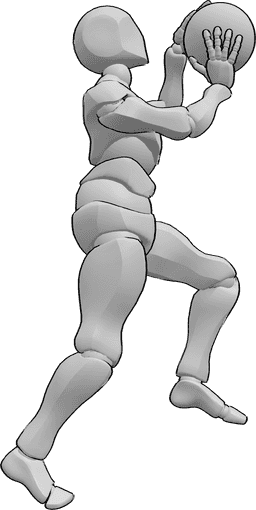 Posen-Referenz- Basketball-Wurfpose - Männchen springt, hält den Basketball mit beiden Händen und ist dabei, ihn in den Korb zu werfen