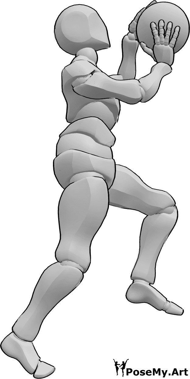Posen-Referenz- Basketball-Wurfpose - Männchen springt, hält den Basketball mit beiden Händen und ist dabei, ihn in den Korb zu werfen