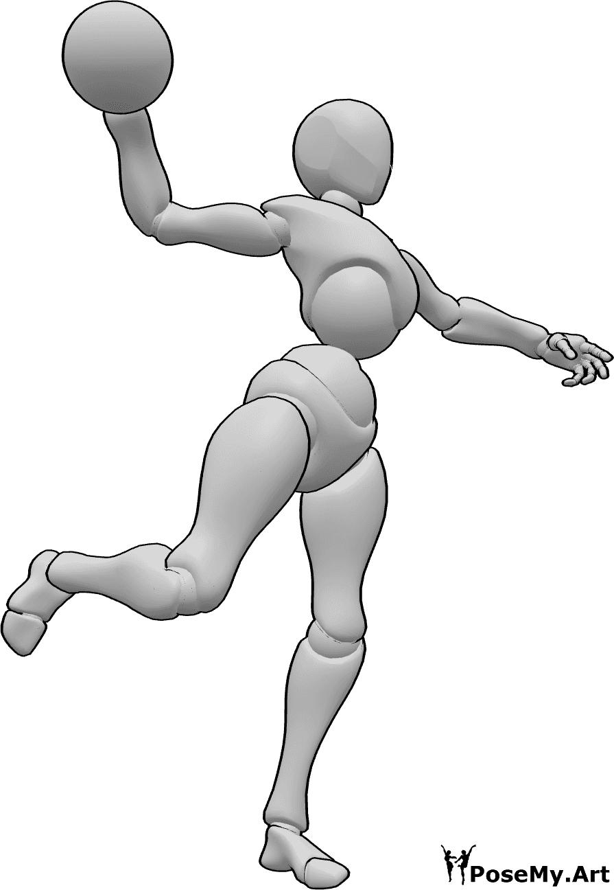 Référence des poses- Pose de lancer de handball - La femme lance un ballon de handball avec la main droite