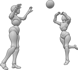 Referencia de poses- Femenino lanzando pelota pose - Dos mujeres juegan con una pelota, pasándosela la una a la otra.