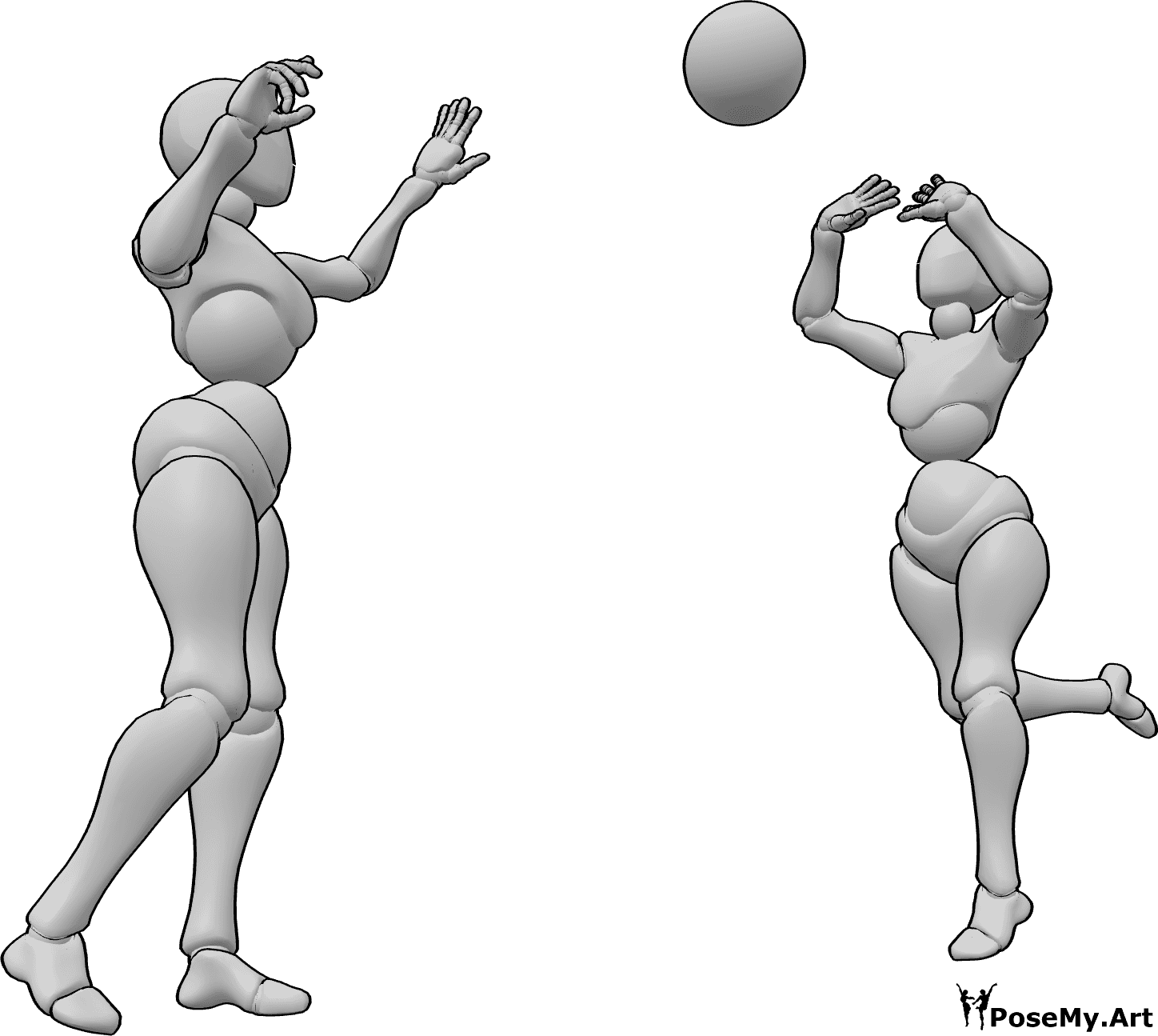 Referencia de poses- Femenino lanzando pelota pose - Dos mujeres juegan con una pelota, pasándosela la una a la otra.