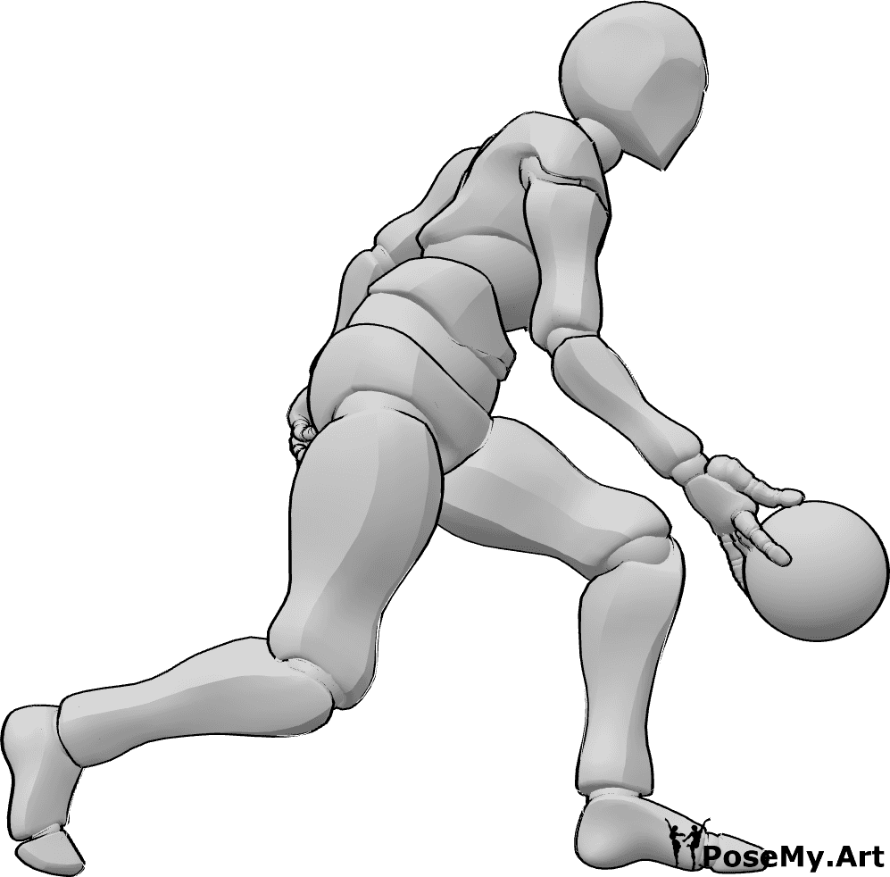 Referência de poses- Pose de lançamento de bola de bowling - Homem está a enrolar uma bola de bowling, baixa-se e atira-a com a mão direita