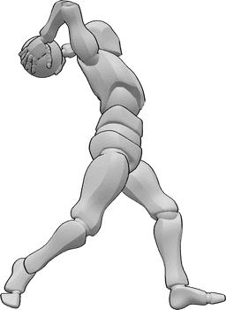 Posen-Referenz- Fußball werfen Pose - Männlicher Fußballspieler wirft den Ball ein und hält ihn mit beiden Händen hoch