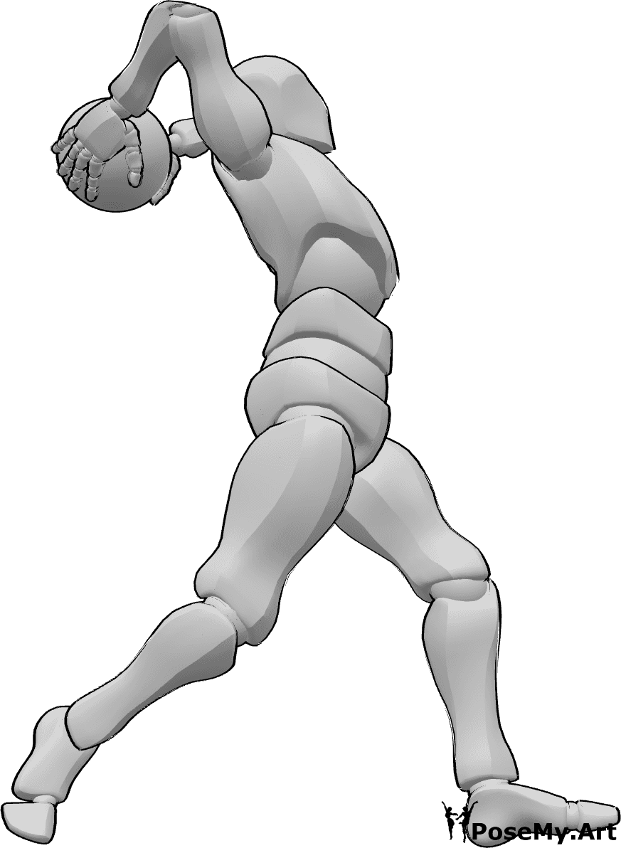 Référence des poses- Pose pour lancer un ballon de football - Un joueur de football masculin lance le ballon en le tenant haut avec les deux mains.