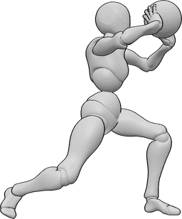 Posen-Referenz- Volleyball-Passspiel-Pose - Die Frau wirft den Volleyball mit beiden Händen tief.